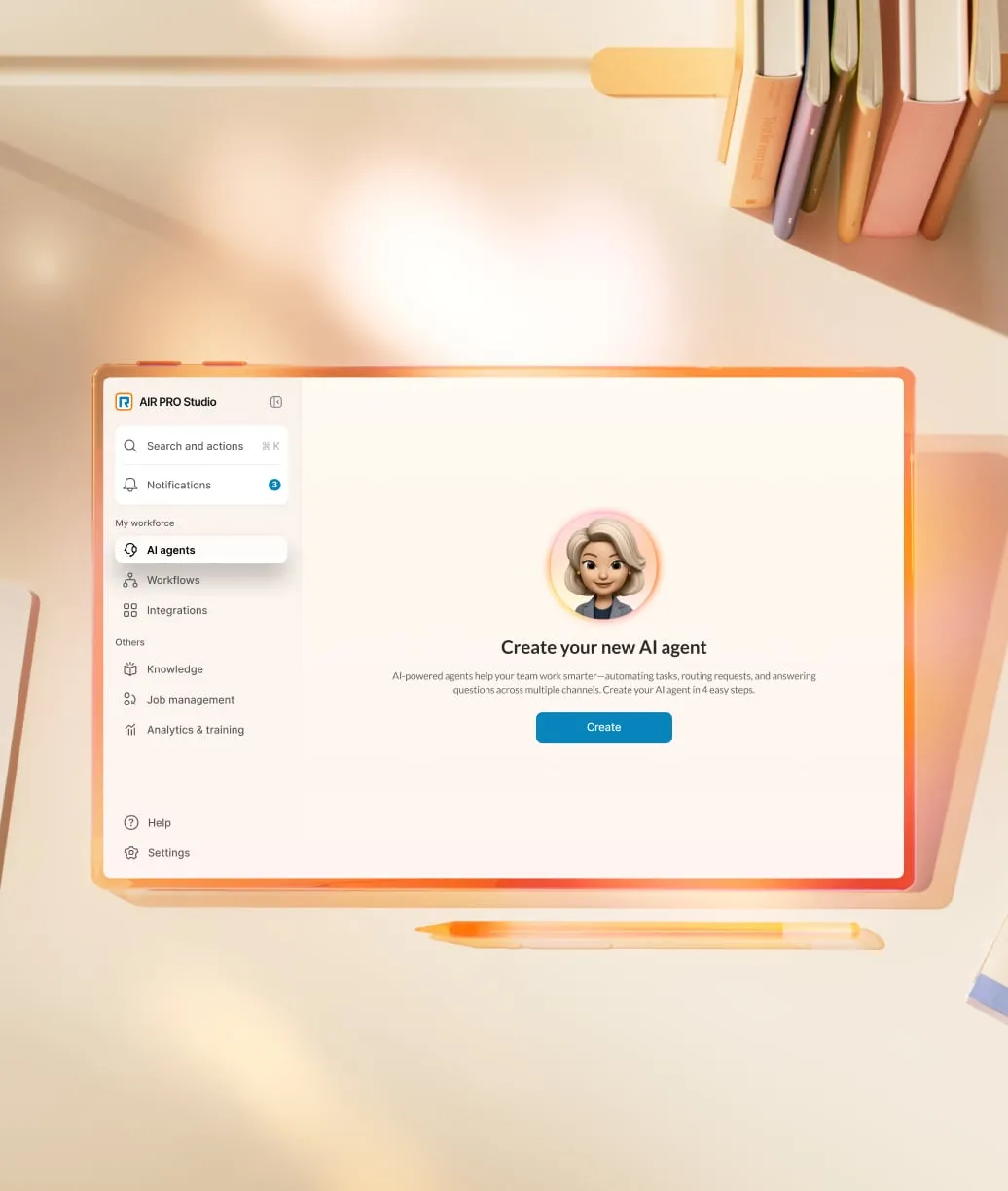 AIR PRO Studio interface displayed on an orange tablet, showing the Create your new AI agent setup screen with a sidebar for workflows and integrations.