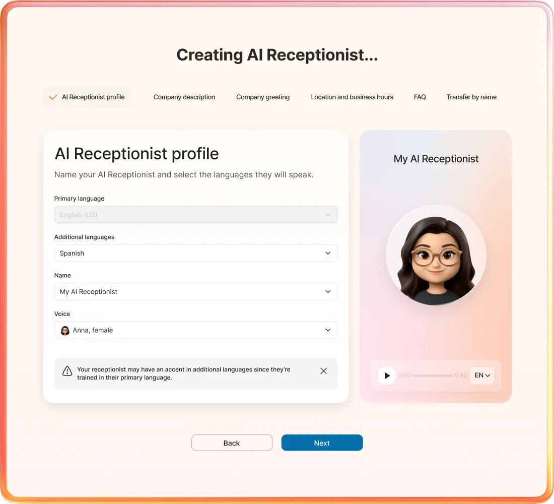 User interface for creating an AI Receptionist profile, featuring language selection, voice options for 'Anna', and a customizable female avatar