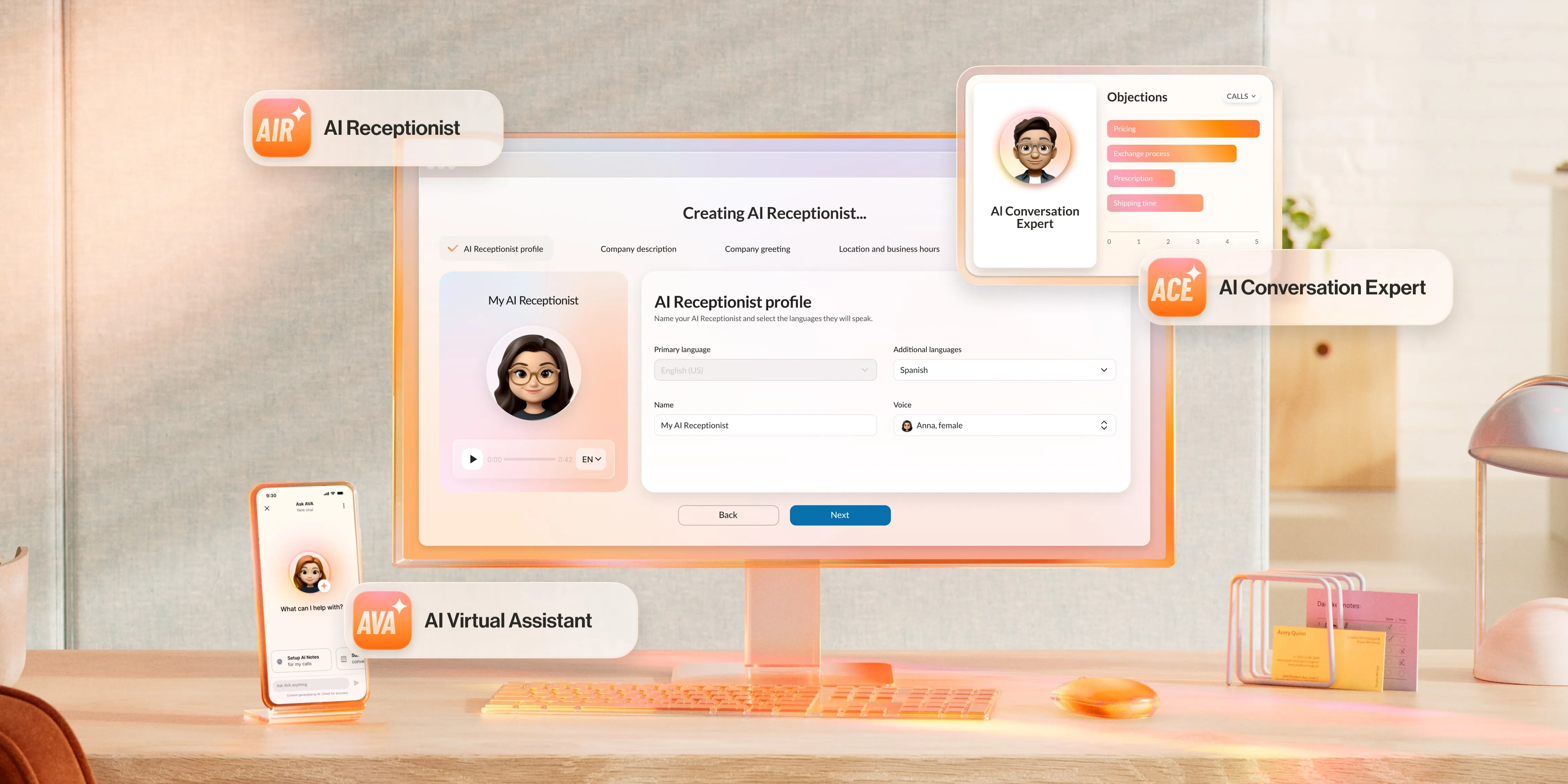 A desktop and smartphone display showcasing a suite of RingCentral AI products, including the AIR AI Receptionist for automating calls, the ACE AI Conversation Expert for analyzing objections, and the AVA AI Virtual Assistant for call support.