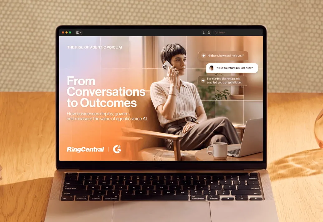 Laptop screen showing RingCentral interface with a message request for a morning summary, next to a box of pastries.