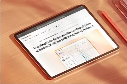 RingCentral Pulse blog post displayed on a tablet, titled "How RingCX for Salesforce Service Cloud Voice upgrades CX without switching phone providers."