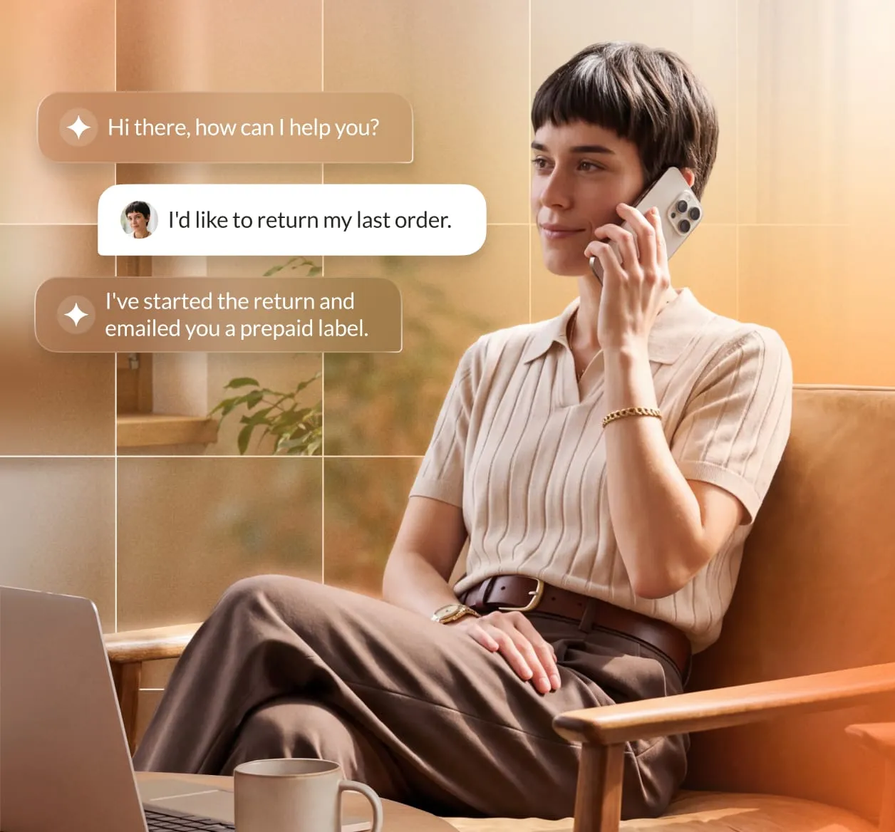 A person talking on the phone with text overlays summarizing a conversation using RingCentral technology.