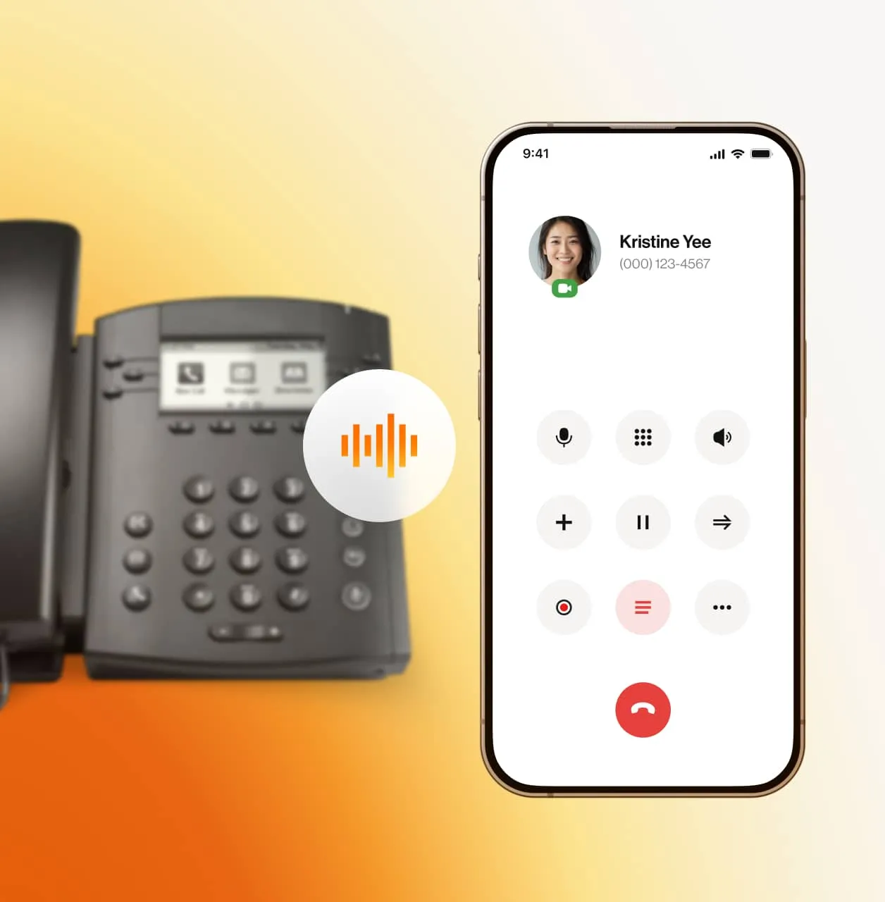 The RingCentral app open on a mobile phone behind a desk phone
