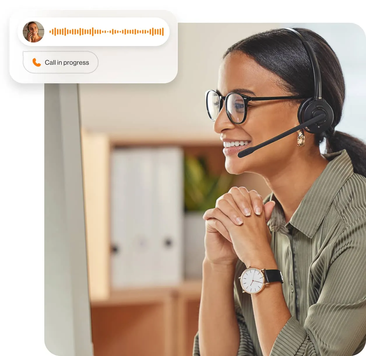 A female agent in an ongoing call via the RingCentral app