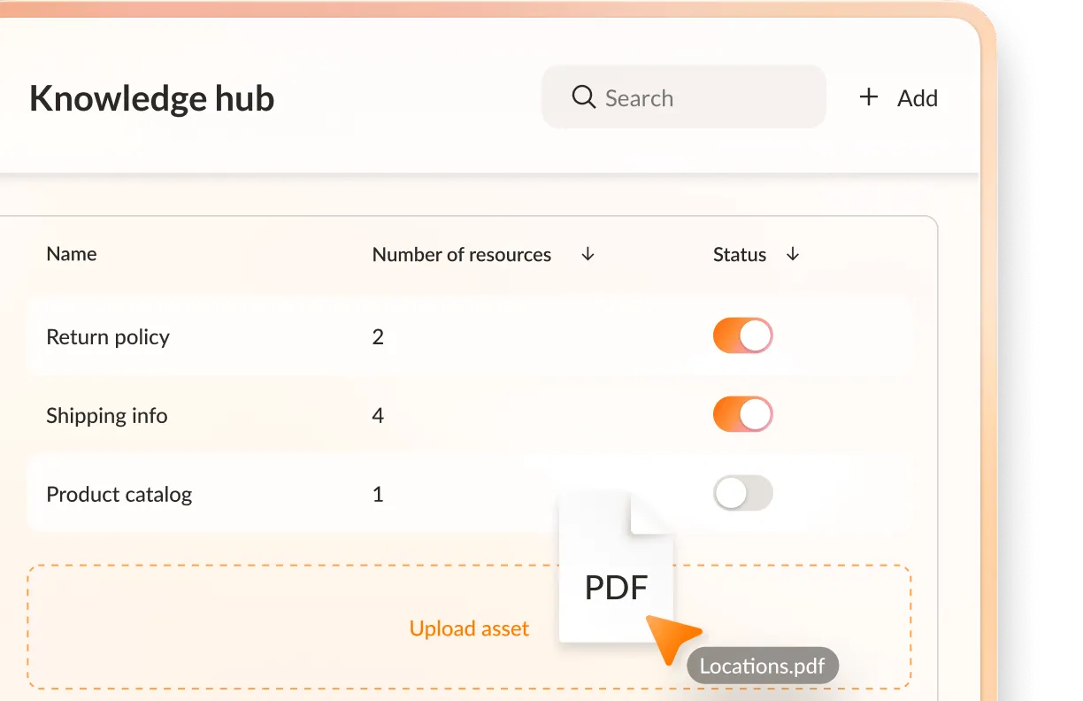 Screenshot of a Knowledge Hub interface displaying a table with resource categories such as Return Policy and Shipping Information. The image shows a user actively dragging and dropping a PDF file into the Upload Asset area.