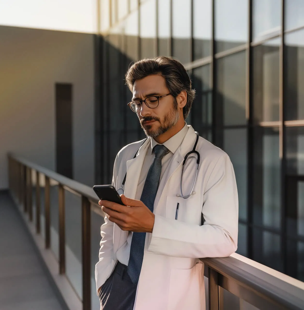 Doctor in a white coat and stethoscope reading a message on a smartphone in a modern office hallway.