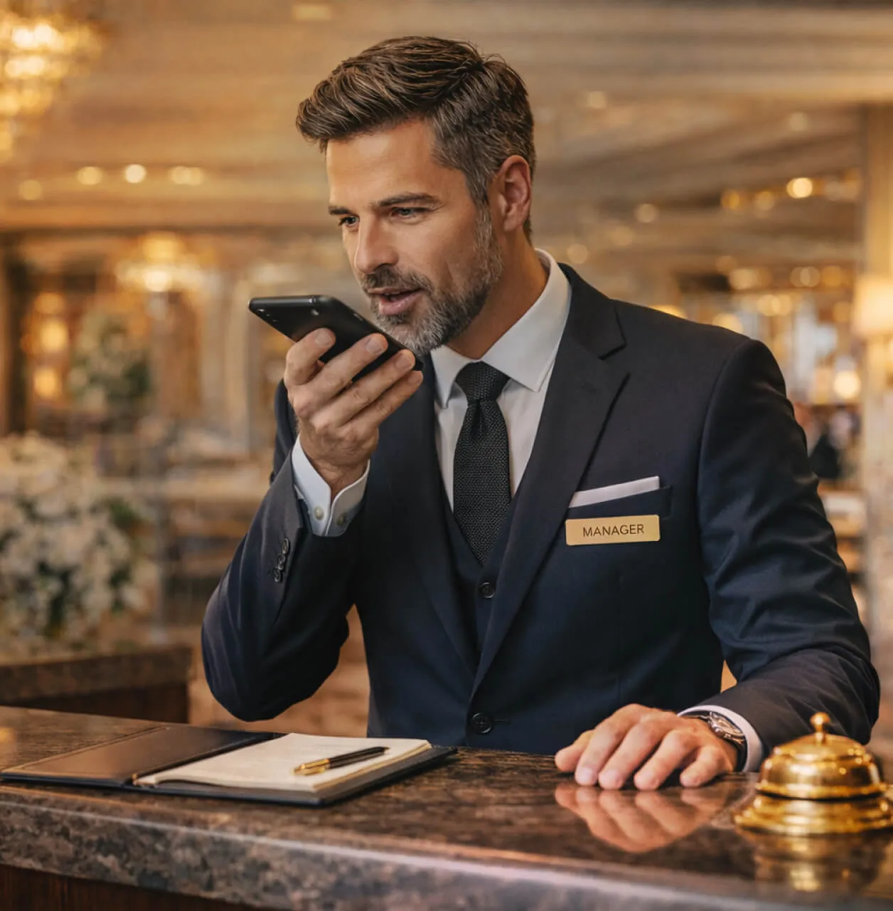 Hotel manager using a smartphone for communication at the reception desk, enhancing guest service efficiency.