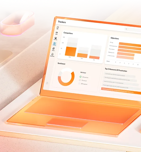 Laptop displaying charts and data analytics interface, highlighting competitors, objections, and sentiment reports.