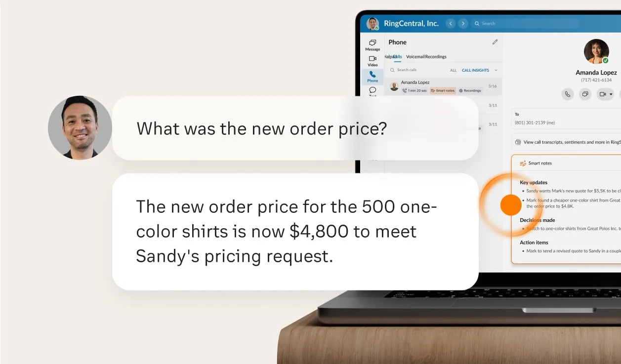 An AI chatbot responds to a query inputted by a male employee on the RingCentral Phone app