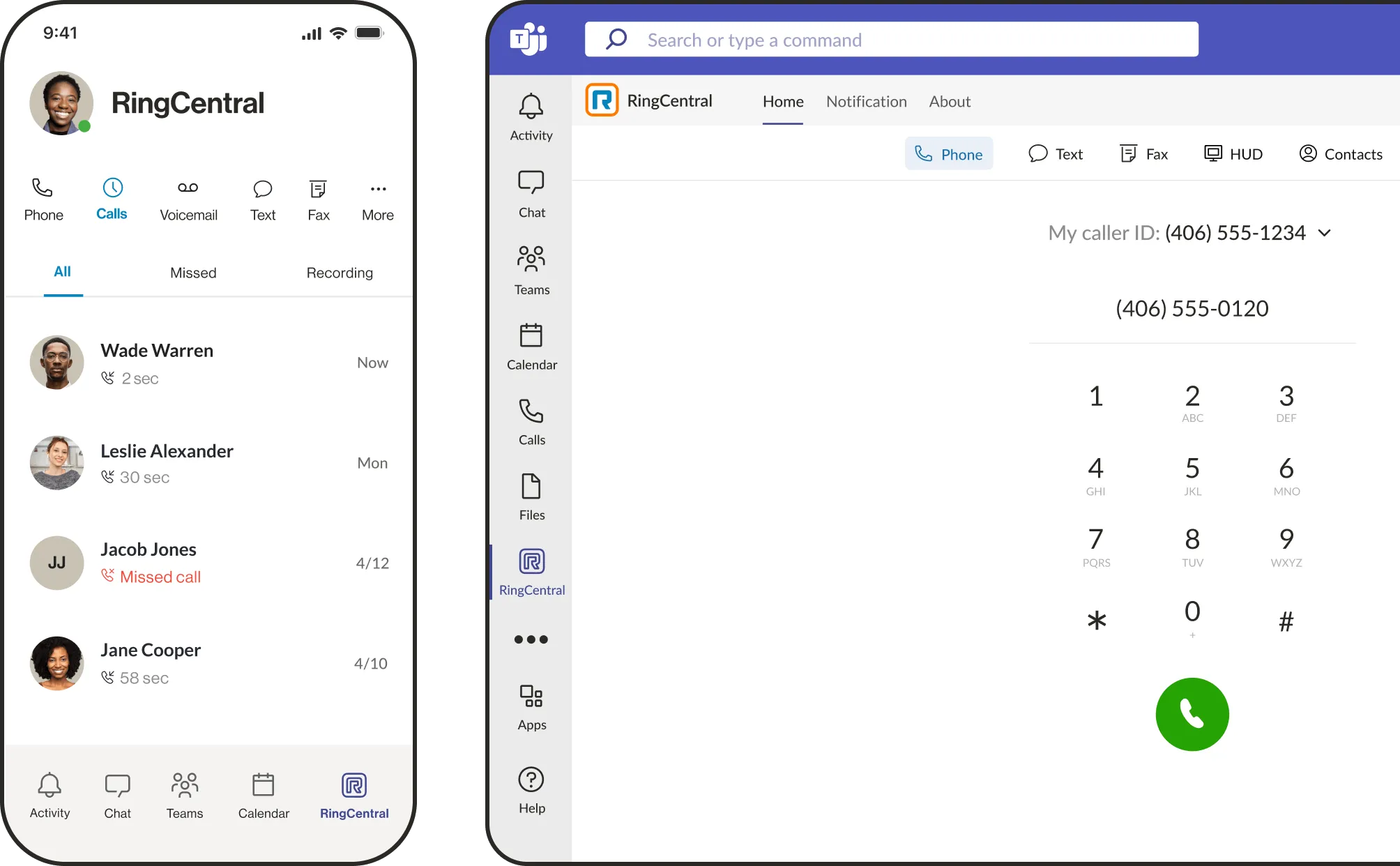 The RingCentral dialpad in the Teams desktop app and The RingCentral call list in the Teams mobile app