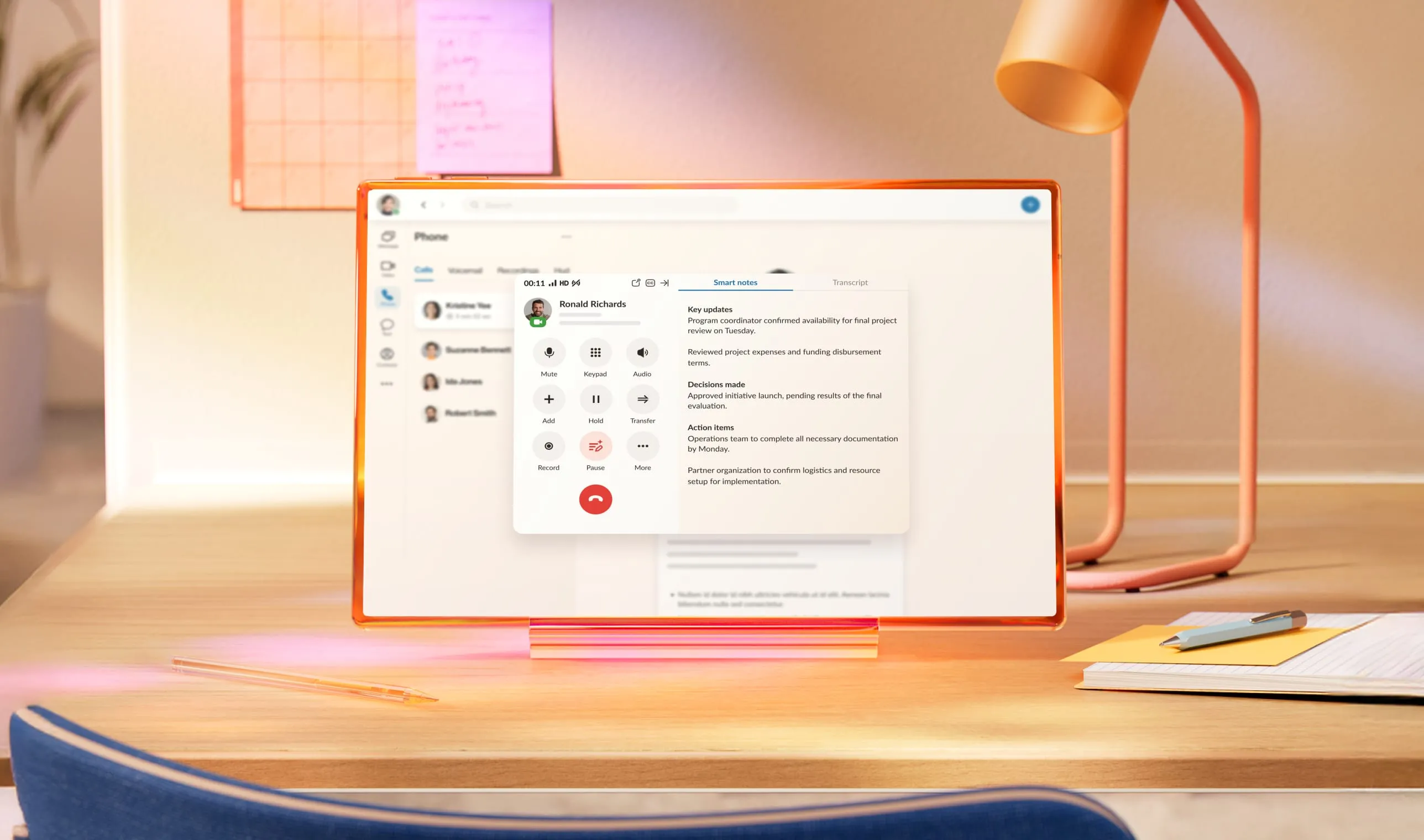 AI Notes feature in the RingCentral app capturing key points from a video meeting on project status.