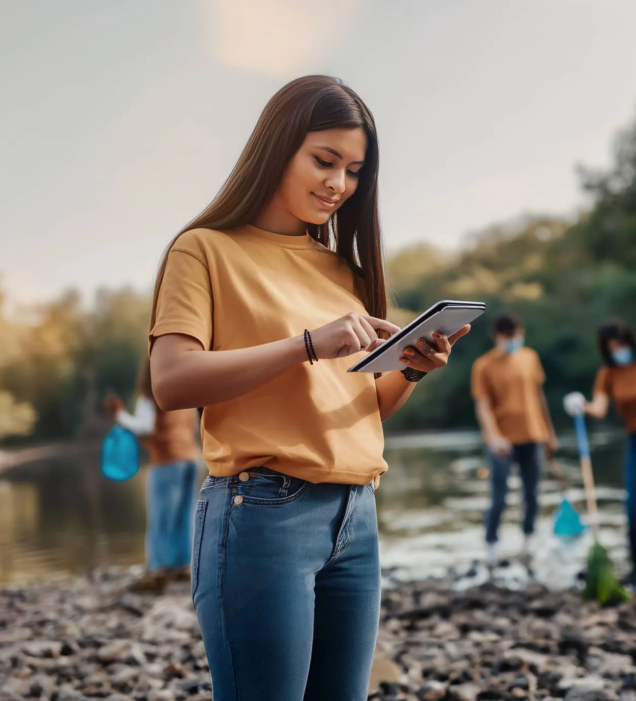 A young woman at a litter cleanup gathering is reading messages on her tablet.