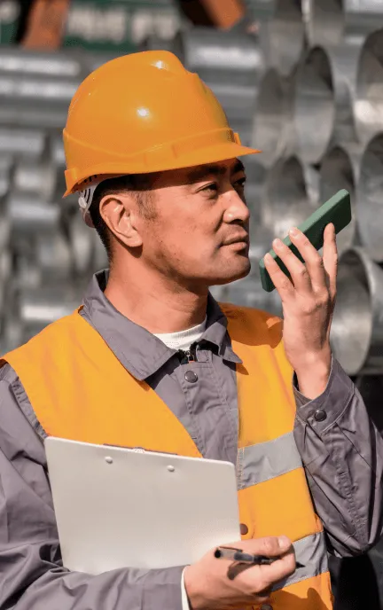 A construction worker using his phone as a walkie-talkie