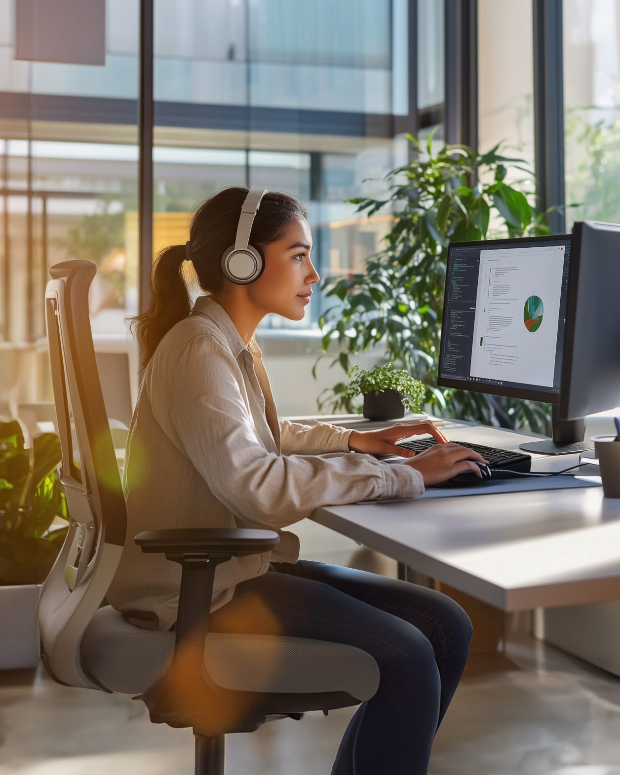 A woman with headphones typing on her keyboard while looking at multiple screens