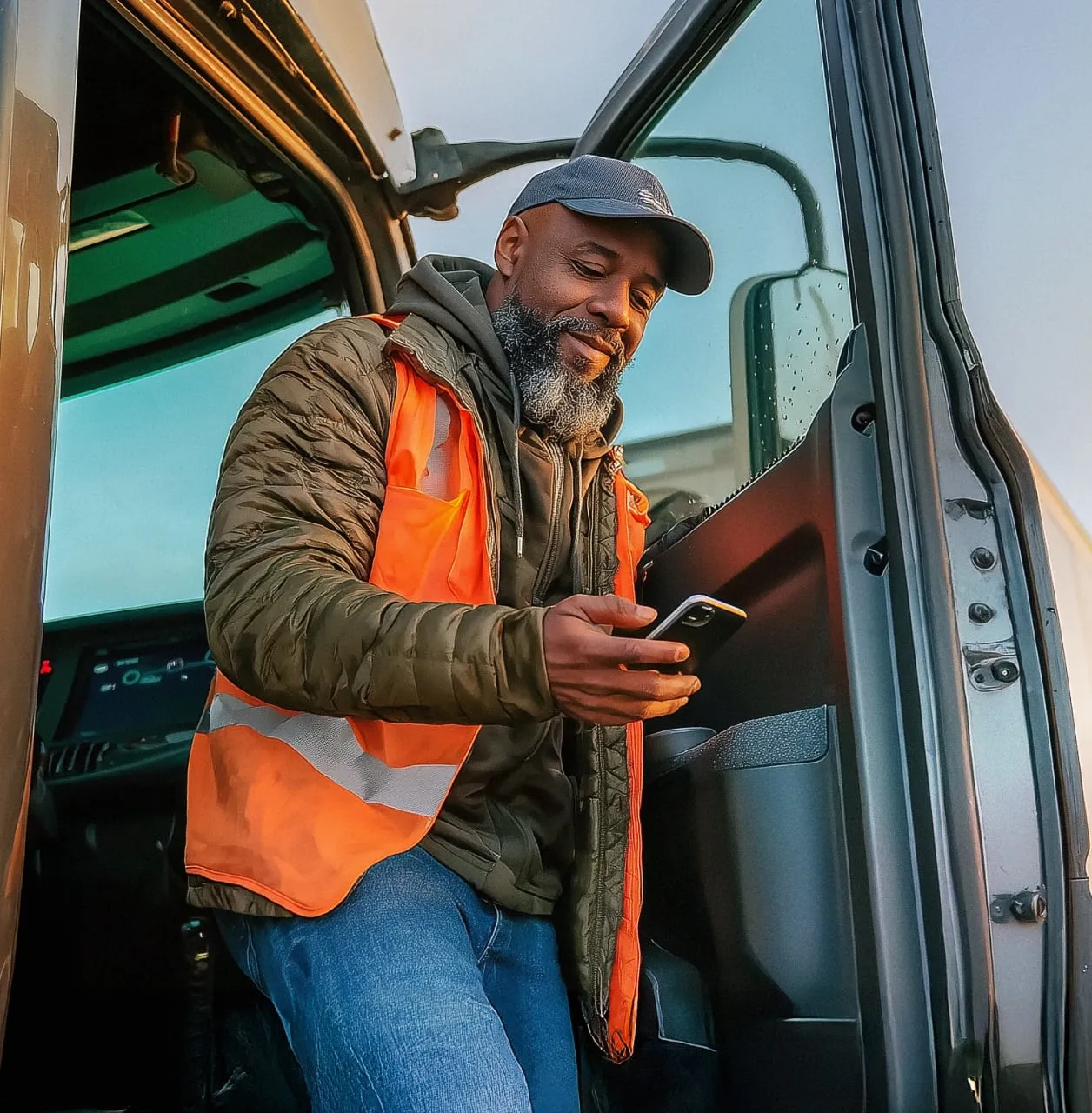 Truck driver using a smartphone while exiting the vehicle.