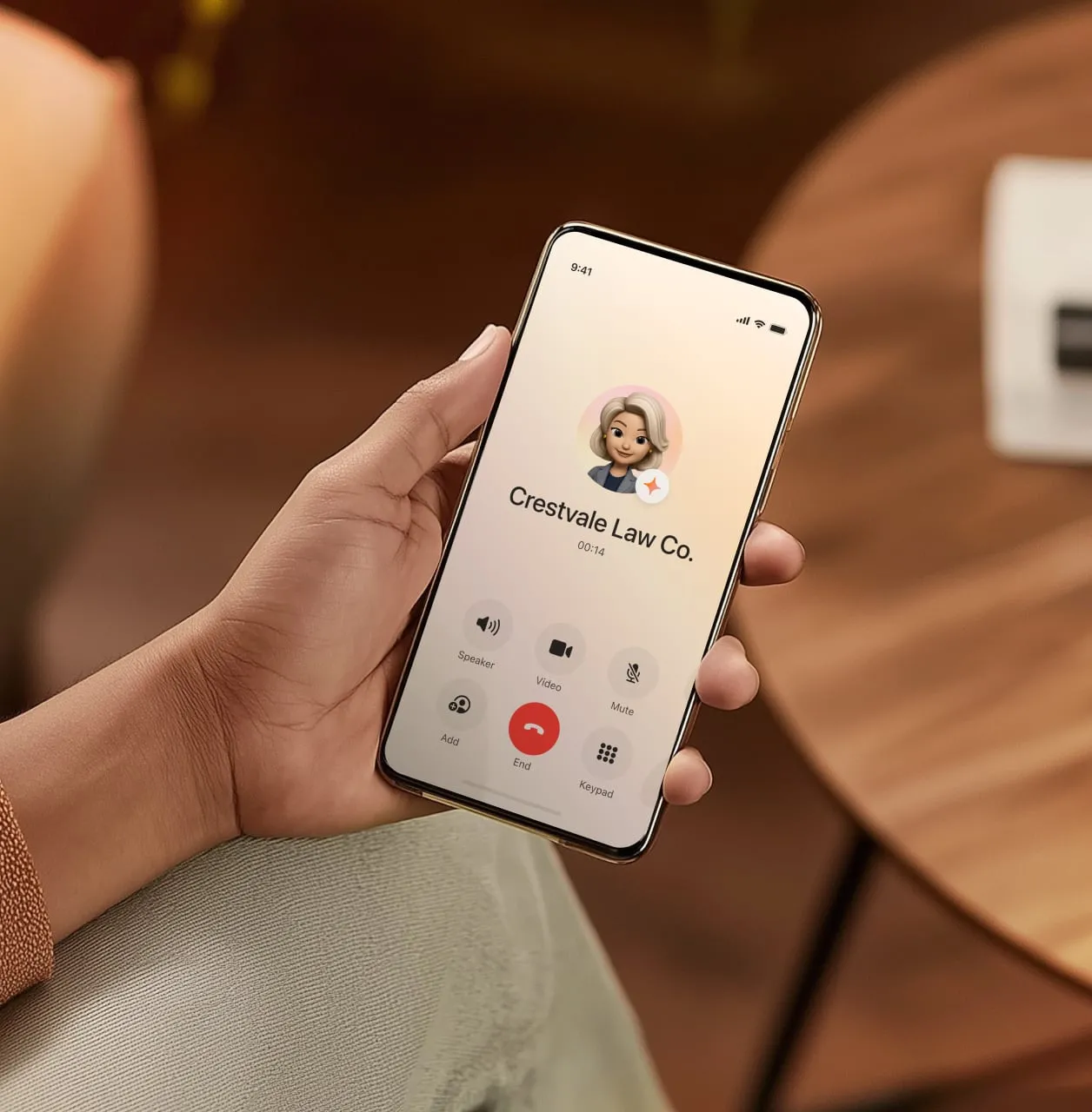 Holding a smartphone showing an ongoing call with "Crestvale Law Co."