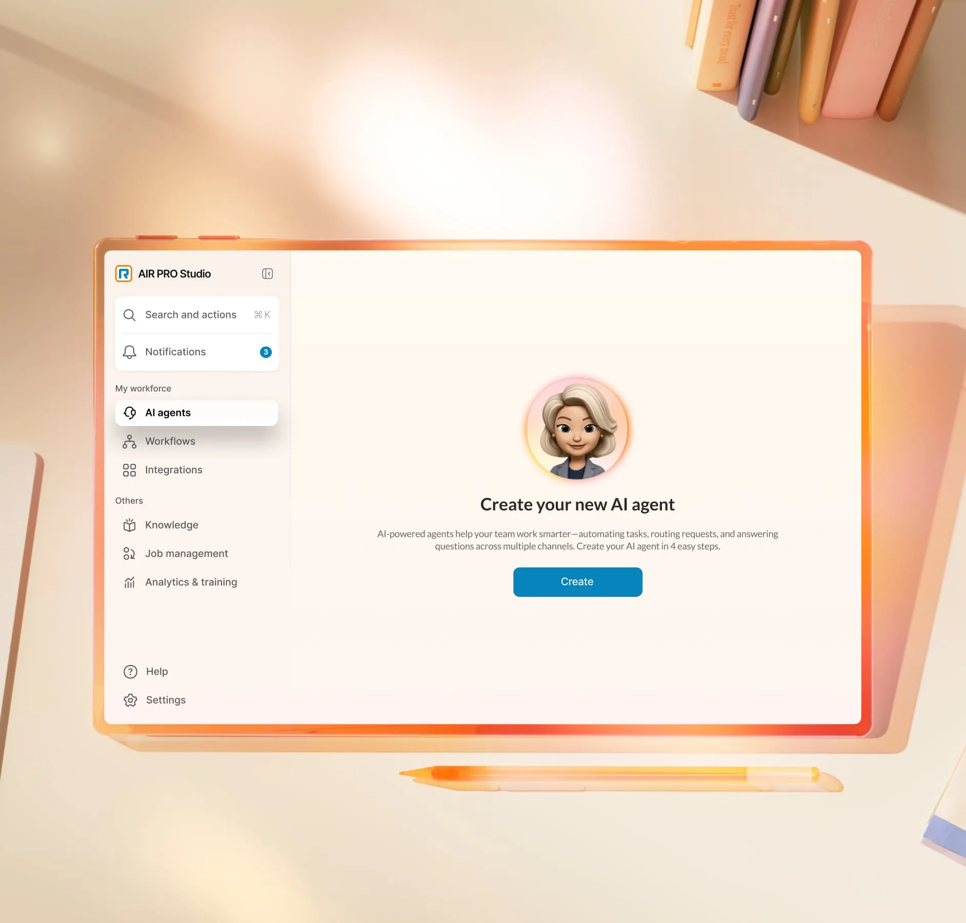 "Create your new AI agent" interface in AIR PRO Studio.