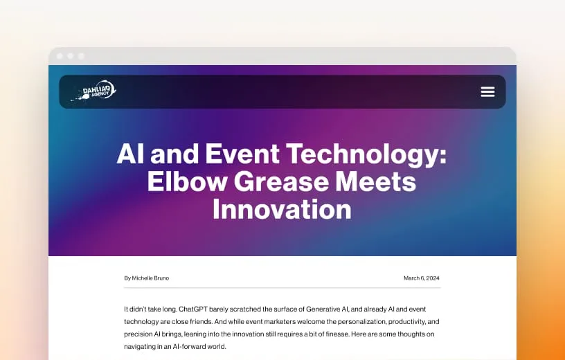News report entitled "AI and Event Technology: Elbow Grease Meets Innovation"