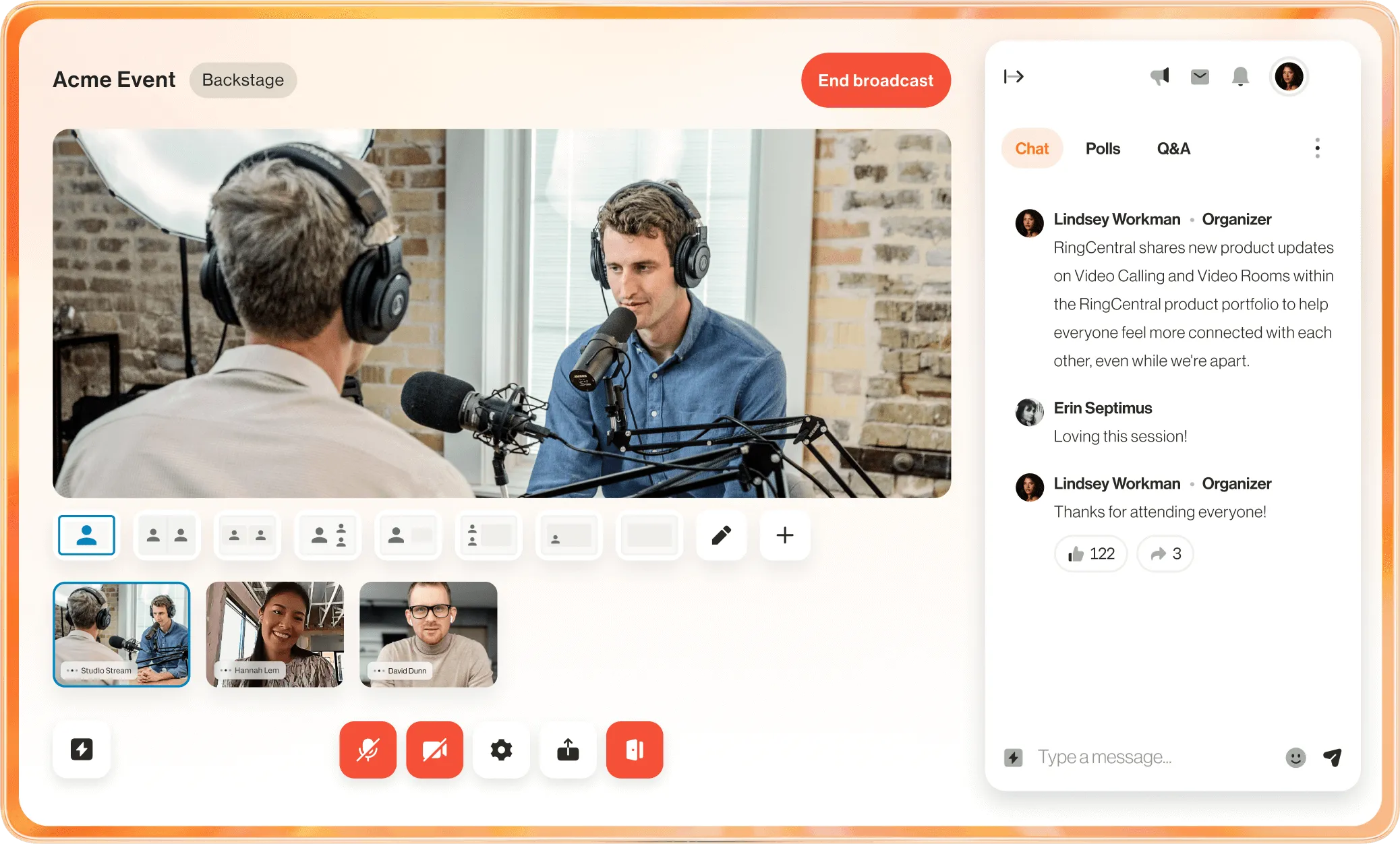 A broadcast of a behind the scenes of an event shown via RingCentral Events