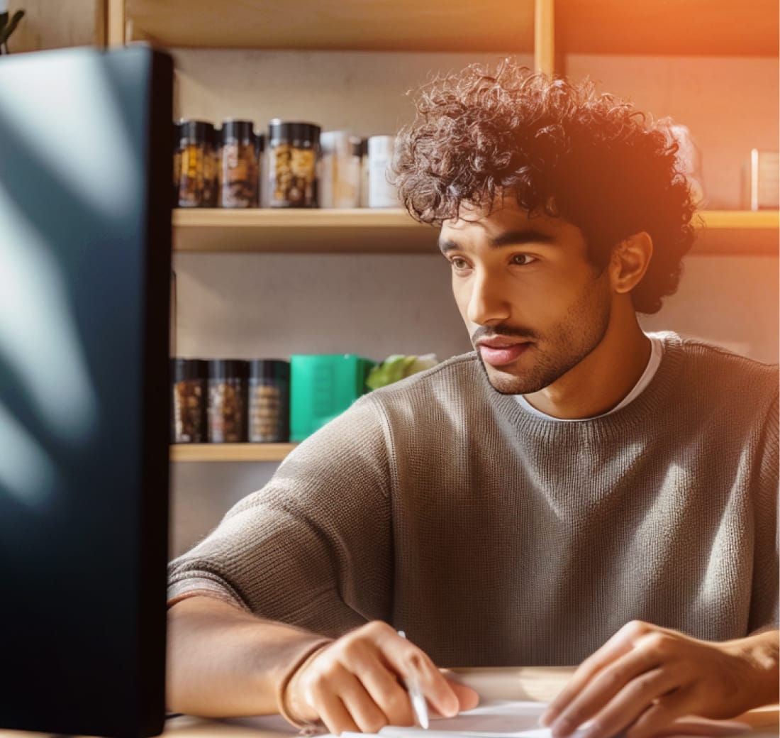 A male retail worker looking at a monitor while writing in a notebook.