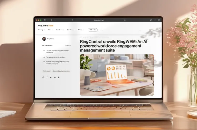 Laptop screen displaying a RingCentral Pulse blog post about RingWEM, an AI-powered workforce engagement management suite