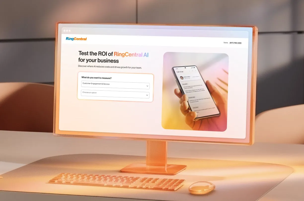 RingCentral webpage promoting AI ROI measurement tools on a desktop screen.