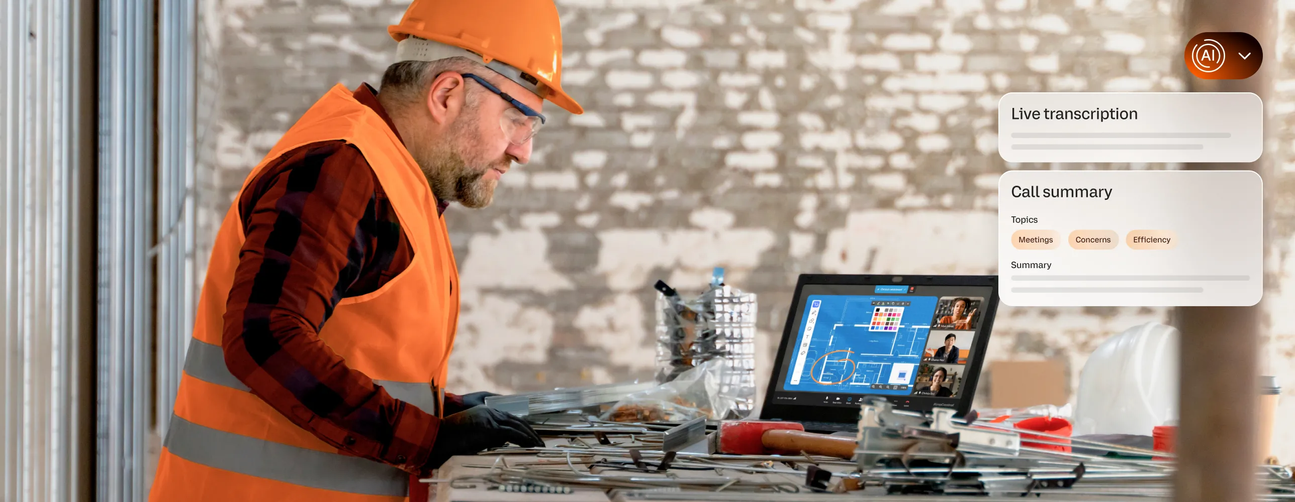 A man wearing a safety vest, and helmet attends a video conference via the RingCentral Desktop app on his laptop