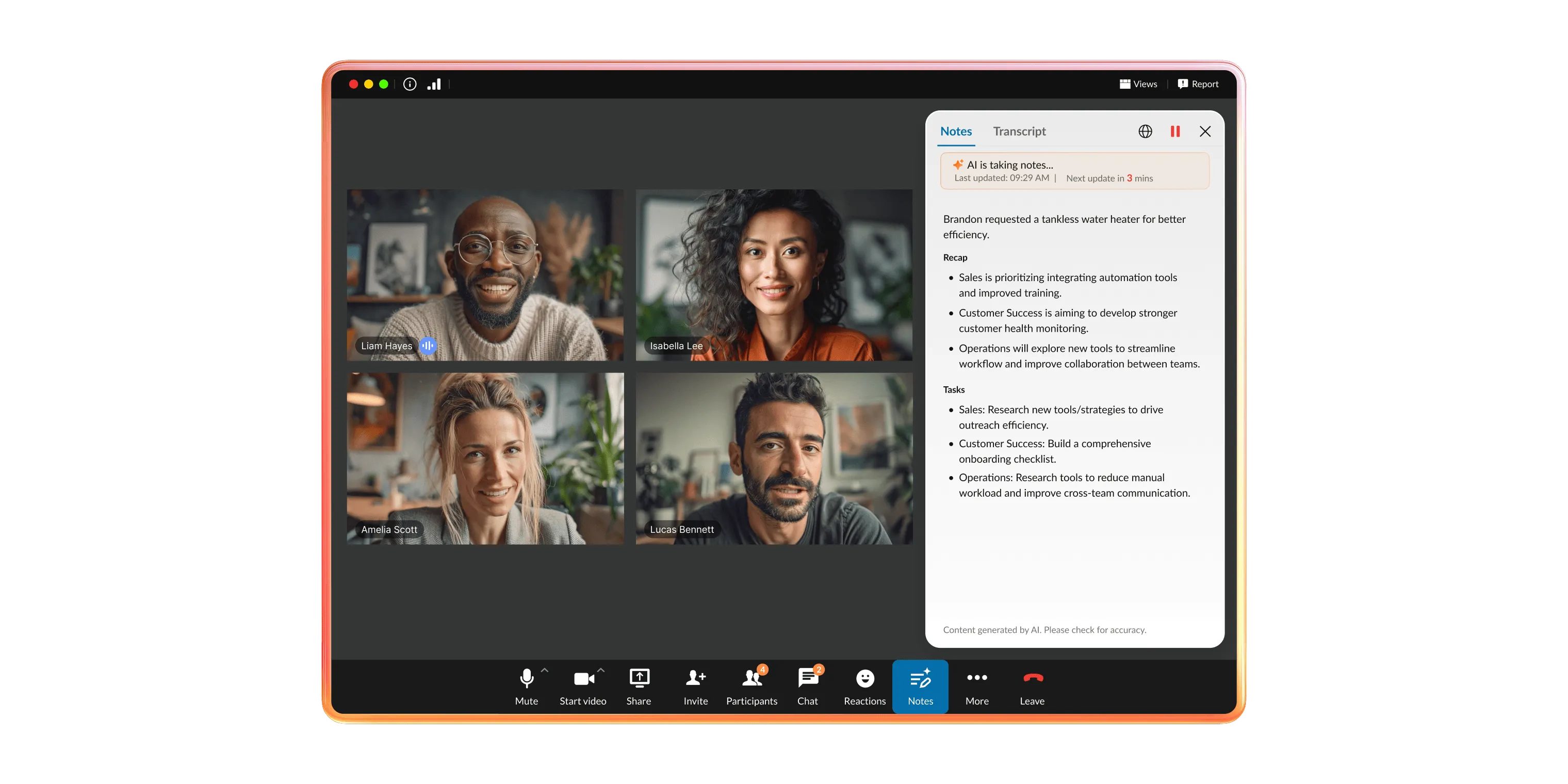 RingCentral desktop client showing the new presenter Action Bar interface.