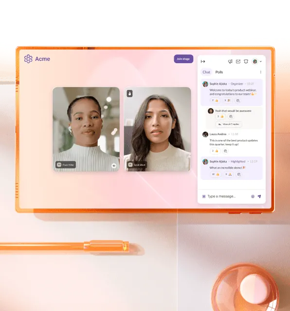 RingCentral video conferencing UI with chat and video feeds.
