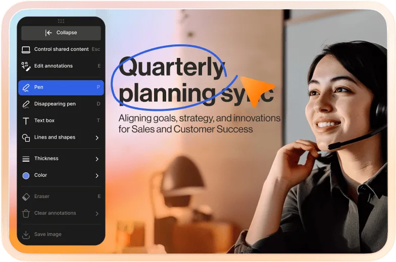 RingCentral annotation tools showing on-screen notes and pen tool on a slide.
