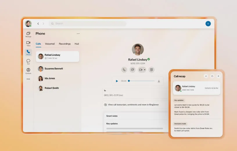 An inset reveals a call recap for Rafael Lindsey with AI-powered updates and key notes. on top of the RingCentral Phone app.