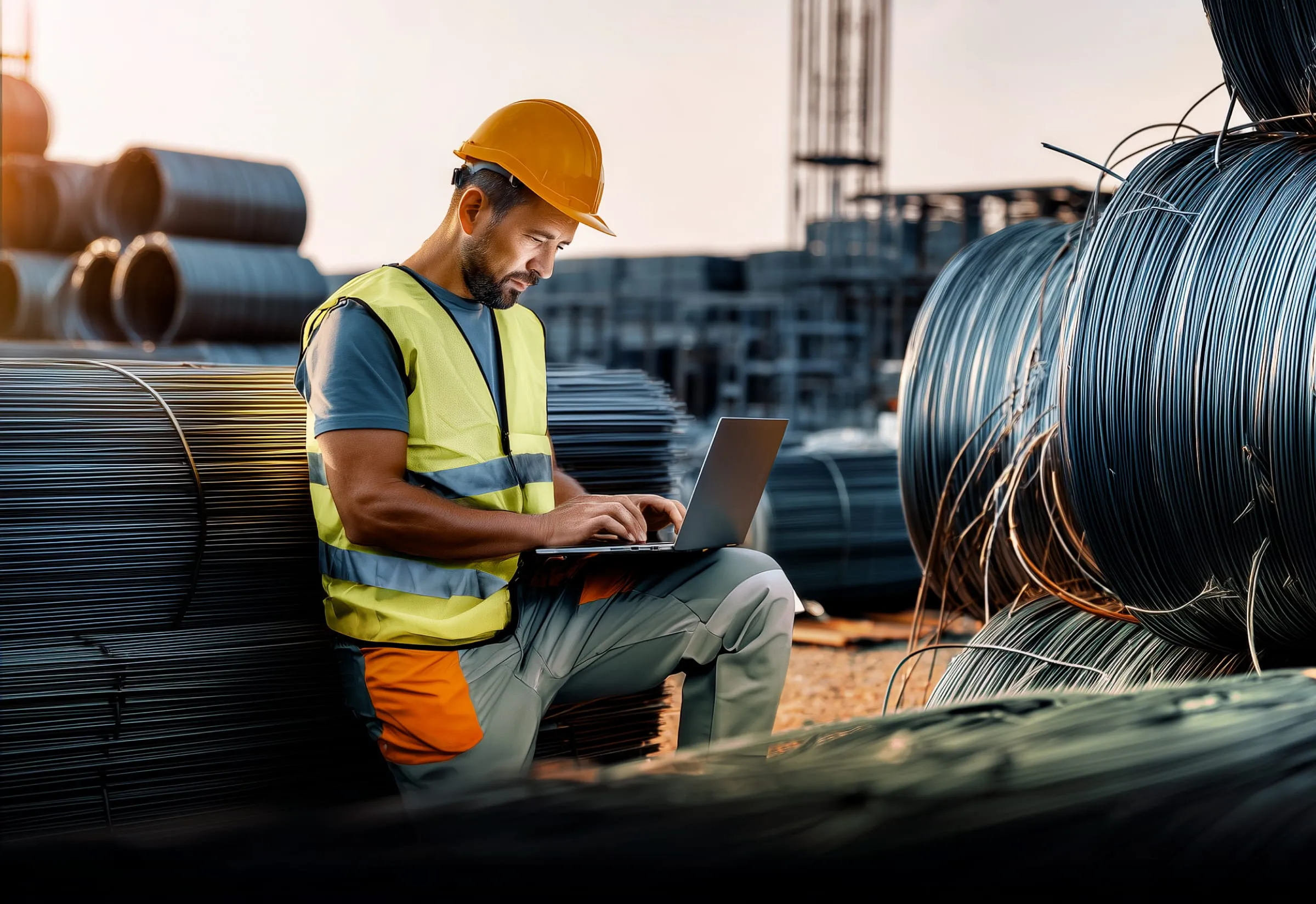 A man wearing a hard hat and safety vest is holding a tablet computer on a construction site.