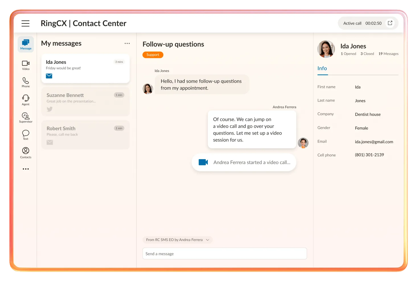 RingCX contact center dashboard with ongoing call on follow-up questions.
