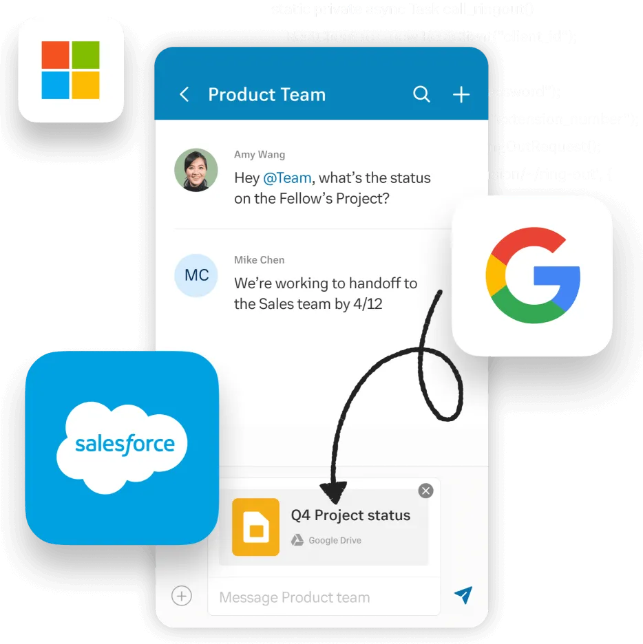 A user interface shows an integrated file from Google Slides being shared over team chat. The logos for Microsoft, Salesforce and Google surround the graphic to signify other integration partnerships.